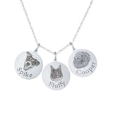 Silver necklace with 'Spike', 'Fluffy', and 'Cooper' pet-portrait pendants.