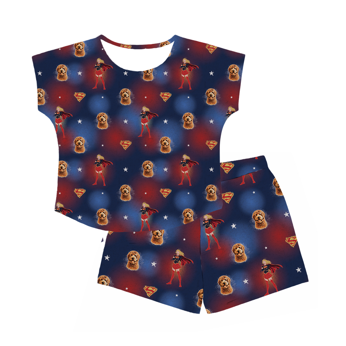 Superhero-themed outfit with a tank top and shorts on a white background
