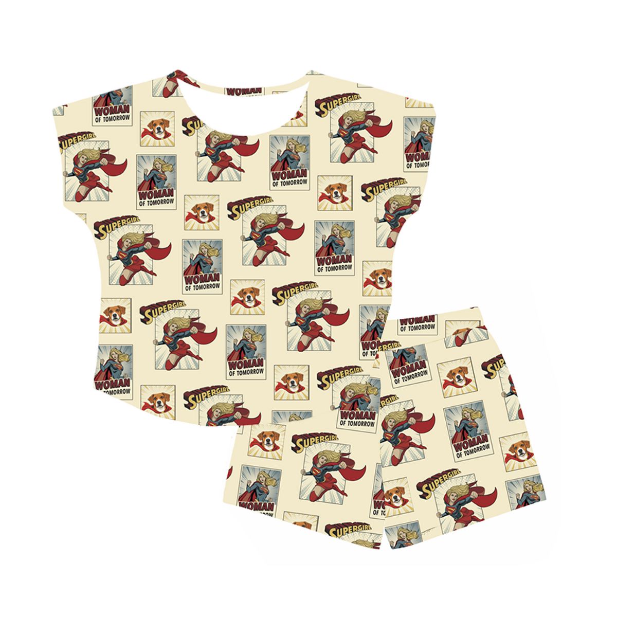 Supergirl-themed pajama set with matching top and shorts on a white background[SupergirlComicBook]