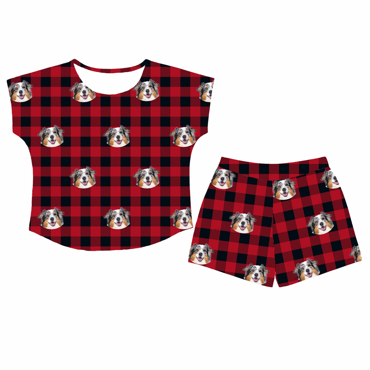 This is a Buffalo Plaid print pajama set with a fitted t-shirt and pajama shorts covered in repeating pet faces[BuffaloPlaidFittedTShirtPajamaSet]