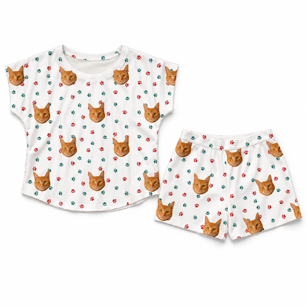 This is a Christmas Paws print pajama set with a fitted t-shirt and pajama shorts covered in repeating pet faces[ChristmasPawsFittedTShirtPajamaSet]