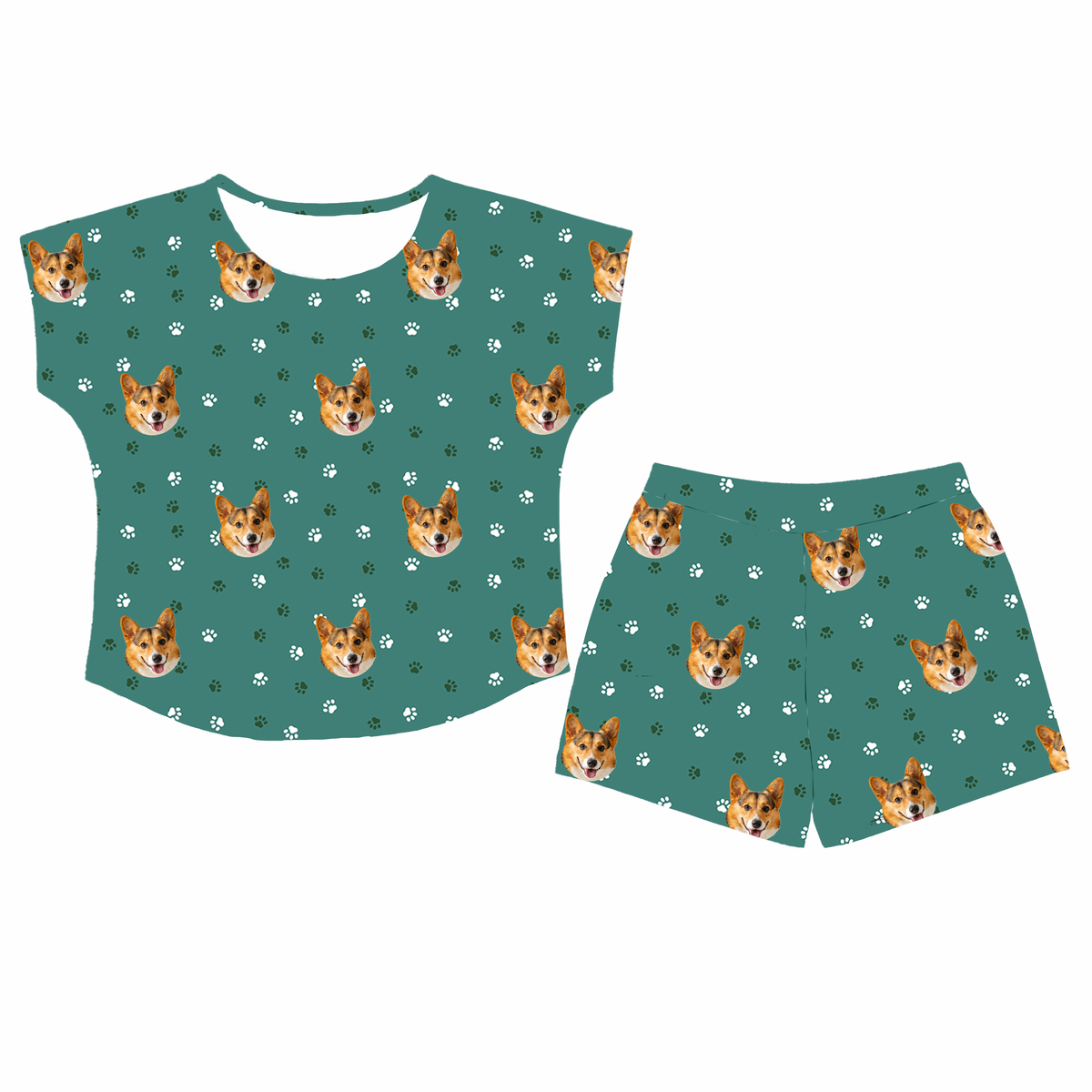 This is a Green Paws print pajama set with a fitted t-shirt and pajama shorts covered in repeating pet faces[GreenPawsFittedTShirtPajamaSet]