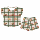 This is a Light Christmas Flannel print pajama set with a fitted t-shirt and pajama shorts covered in repeating pet faces[LightChristmasFlannelFittedTShirtPajamaSet]