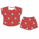 This is a Red Paws print pajama set with a fitted t-shirt and pajama shorts covered in repeating pet faces[RedPawsFittedTShirtPajamaSet]