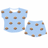 This is a Snowflakes print pajama set with a fitted t-shirt and pajama shorts covered in repeating pet faces[SnowflakesFittedTShirtPajamaSet]