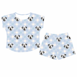 This is a Snowy Gingham print pajama set with a fitted t-shirt and pajama shorts covered in repeating pet faces[SnowyGinghamFittedTShirtPajamaSet]