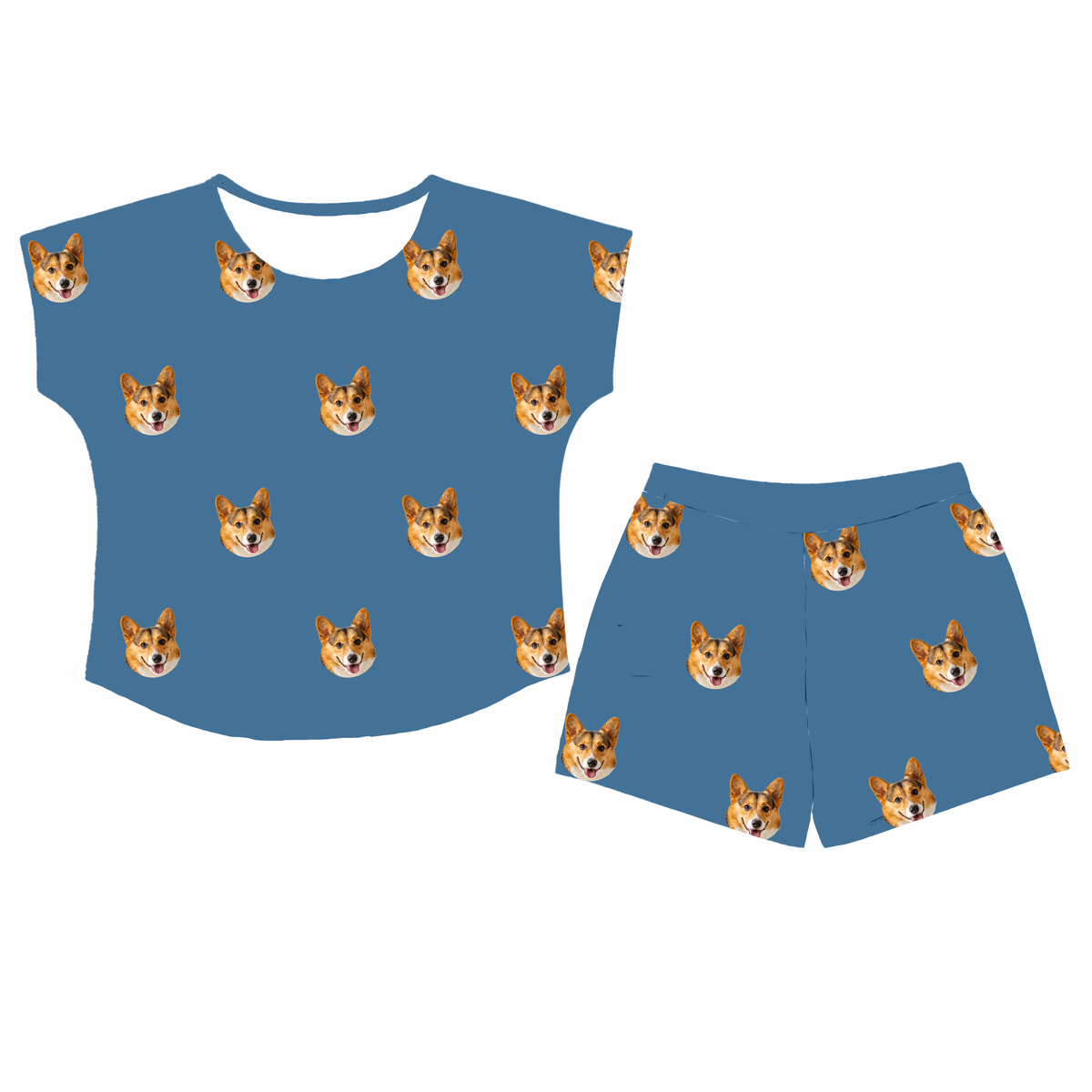 This is a Solid Blue print pajama set with a fitted t-shirt and pajama shorts covered in repeating pet faces[SolidBlueFittedTShirtPajamaSet]