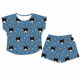 This is a Star of David print pajama set with a fitted t-shirt and pajama shorts covered in repeating pet faces[StarofDavidFittedTShirtPajamaSet]