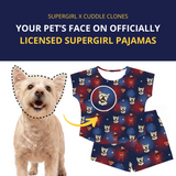 Dog with personalized Supergirl pajamas featuring its face, with text about pet's face on Supergirl pajamas.