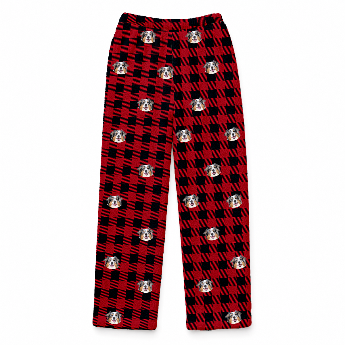 These are fleece pajama pants in a Buffalo Plaid print with repeating pet faces on them[BuffaloPlaidFleecePajamaPants]