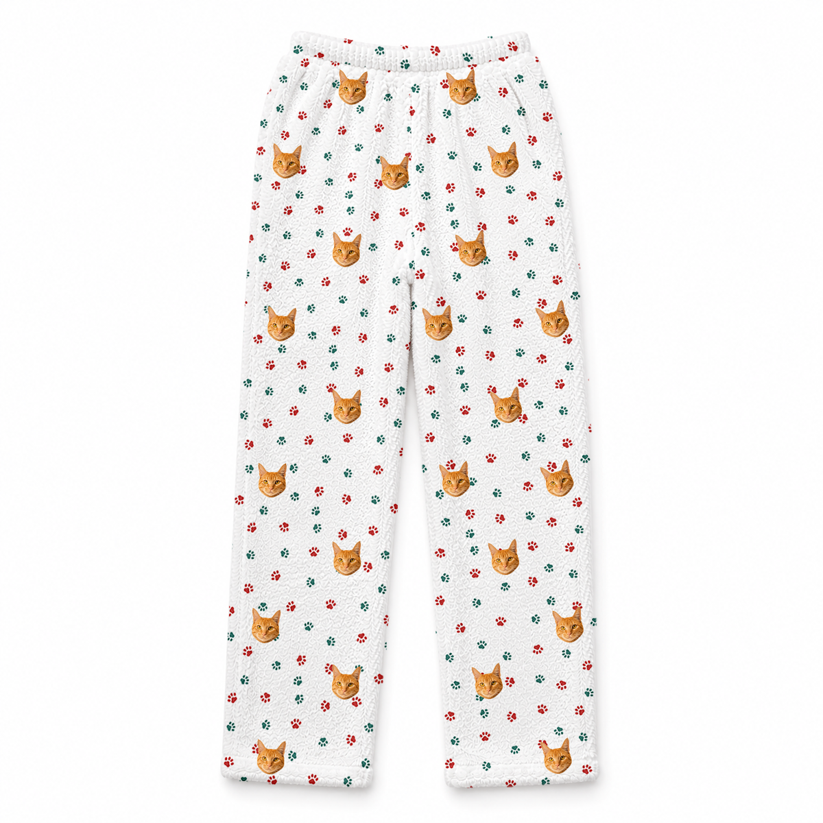 These are fleece pajama pants in a Christmas Paws print with repeating pet faces on them[ChristmasPawsFleecePajamaPants]