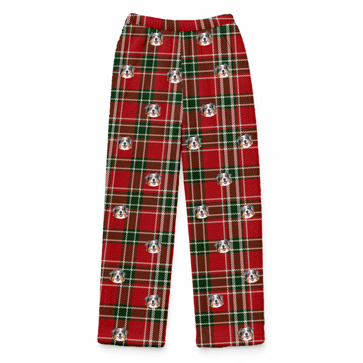 These are fleece pajama pants in a Christmas Plaid print with repeating pet faces on them[ChristmasPlaidFleecePajamaPants]
