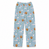 Men’s light blue fleece pajama pants with dog portraits, snowmen, snowy trees and playful winter-themed illustrations.[FleecePants_FrostyDay_Men]
