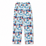Men’s light blue fleece pajama pants with Frosty, winter characters and dogs in a colourful storybook-style print.[FleecePants_FrostyStorybook_Men]
