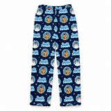 Men’s navy fleece pajama pants with Frosty the Snowman, dog portraits, snowflakes and winter-themed print.[FleecePants_Frosty_Friends_Men]