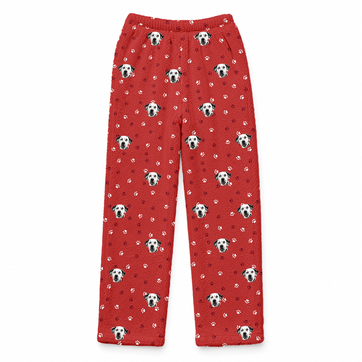 These are fleece pajama pants in a Red Paws print with repeating pet faces on them[RedPawsFleecePajamaPants]