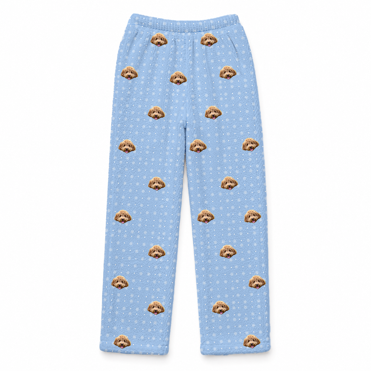 These are fleece pajama pants in a Snowflakes print with repeating pet faces on them[SnowflakesFleecePajamaPants]