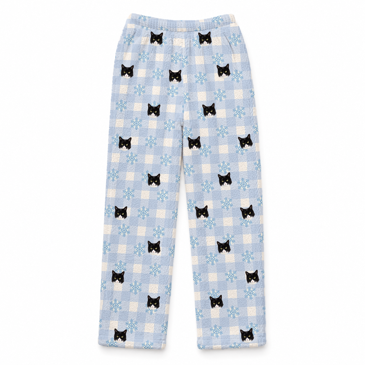 These are fleece pajama pants in a Snowy Gingham print with repeating pet faces on them[SnowyGinghamFleecePajamaPants]