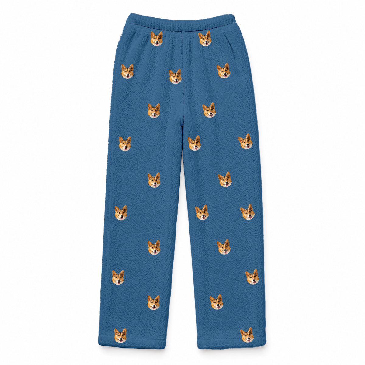 These are fleece pajama pants in a Solid Blue print with repeating pet faces on them[SolidBlueFleecePajamaPants]