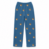 These are fleece pajama pants in a Solid Blue print with repeating pet faces on them[SolidBlueFleecePajamaPants]