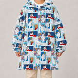 A child wearing a hooded sweatshirt with an all-over cartoon polar bear print, paired with light beige pants, photographed against a plain light gray studio background.