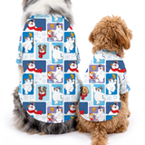 Two dogs shown from the back wearing matching printed pet shirts. The shirts have a blue, white, and red cartoon snowman pattern on a white background.