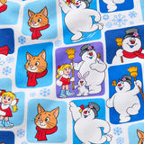 Close-up of the Frosty's Storybook print showing custom pet faces in scarves with Frosty storybook scenes on a white and blue fabric