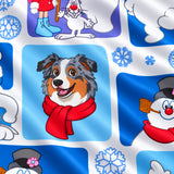 Close-up of the Frosty's Storybook print showing custom pet faces in scarves with Frosty storybook scenes on a white and blue fabric