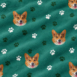 Close-up of the Green Paws print showing custom pet faces and dark green paw prints on a green fabric