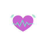 Purple heart with green heartbeat line and sound wave icons on a white background