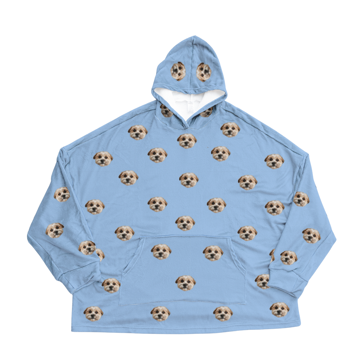 Sky blue hoodie with dog paws pattern on a white background