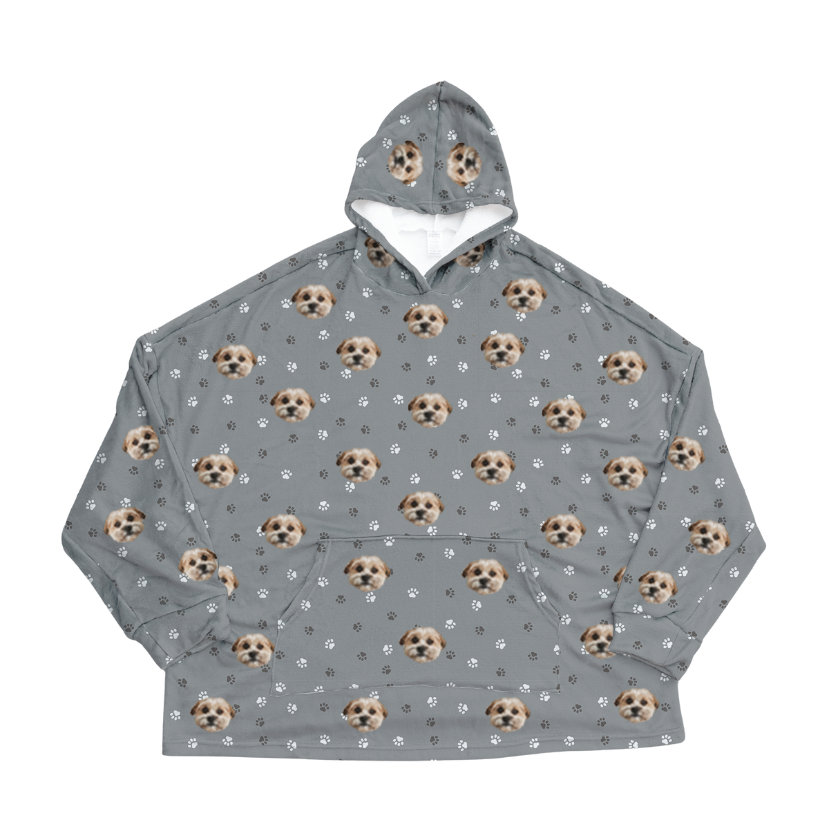 Gray hoodie with dog face pattern on a white background[SlateGrayPaws]