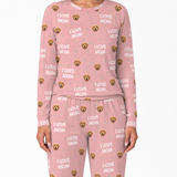 Pink jogger pajama set with 'I Love Mom' and dog emoji text on a white background