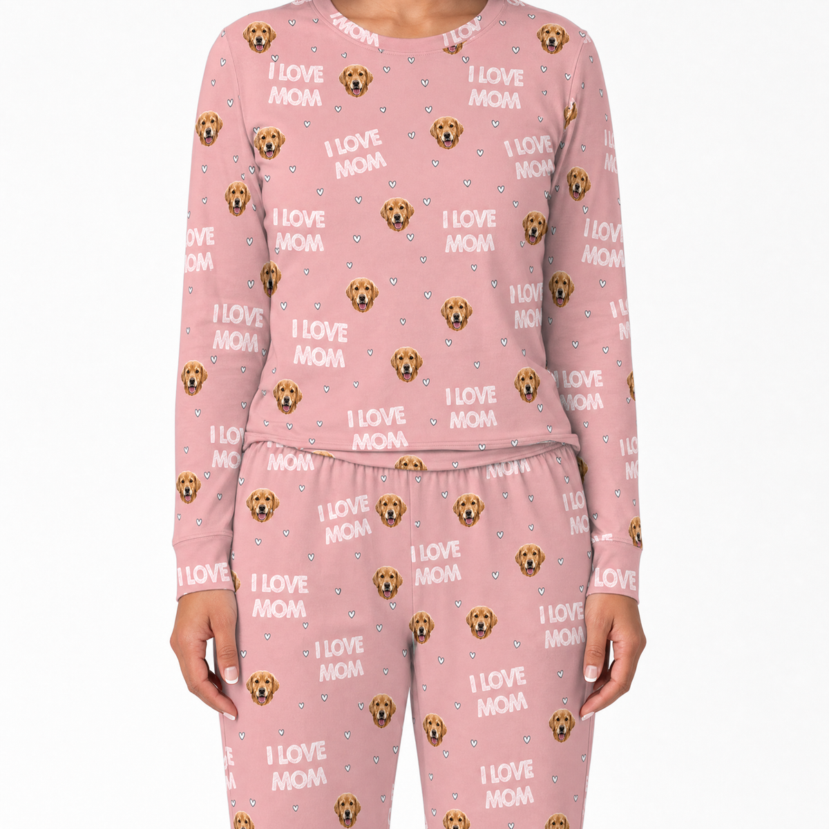 Pink jogger pajama set with 'I Love Mom' and dog emoji text on a white background