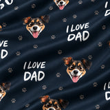 Close-up of the I Love Dad print showing custom pet faces and I Love Dad lettering on a navy fabric