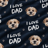 Close-up of the I Love Dad print showing custom pet faces and I Love Dad lettering on a navy fabric