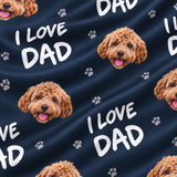 Close-up of the I Love Dad print showing custom pet faces and I Love Dad lettering on a navy fabric