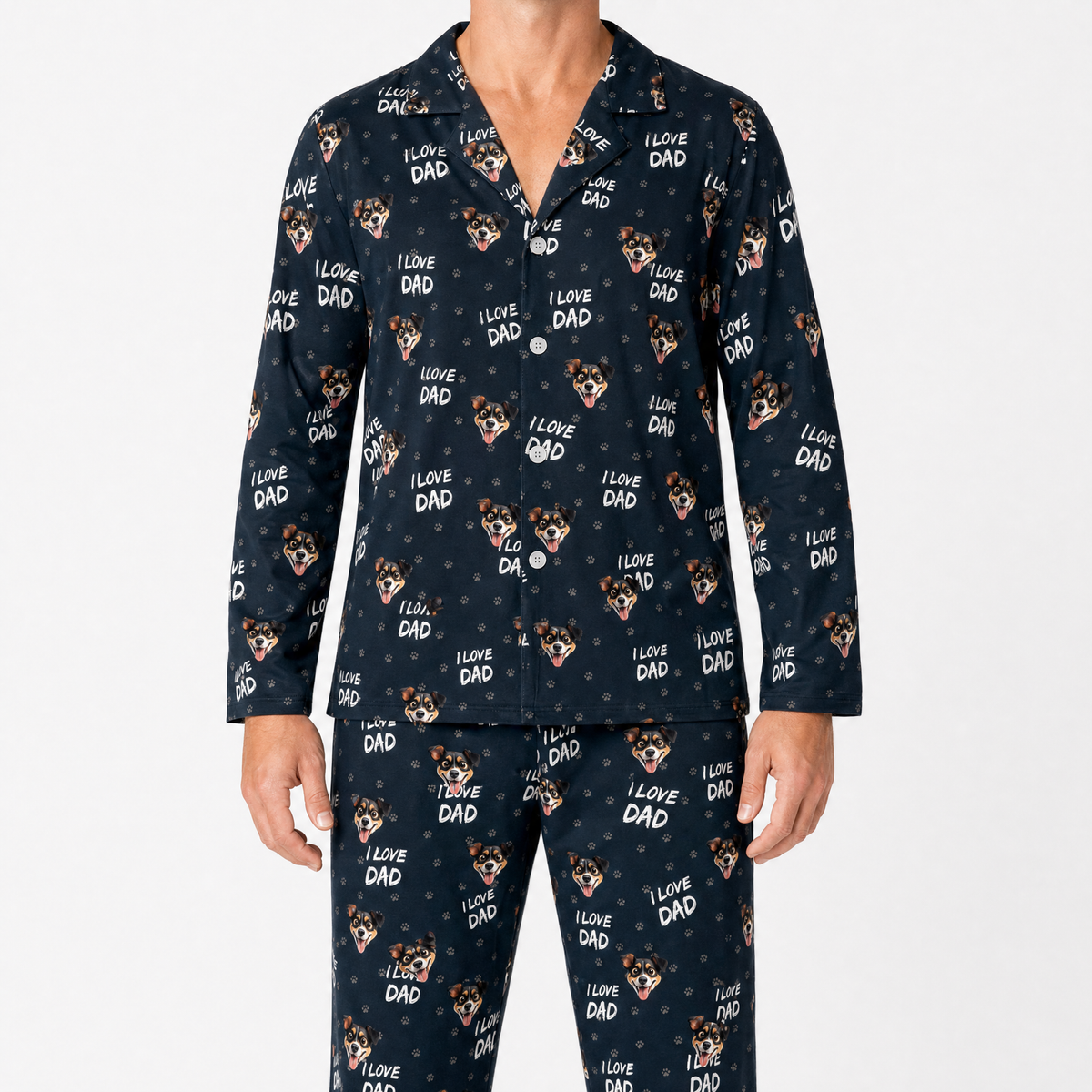 Black pajama set with 'I Love Dad' and dog pattern on a white background