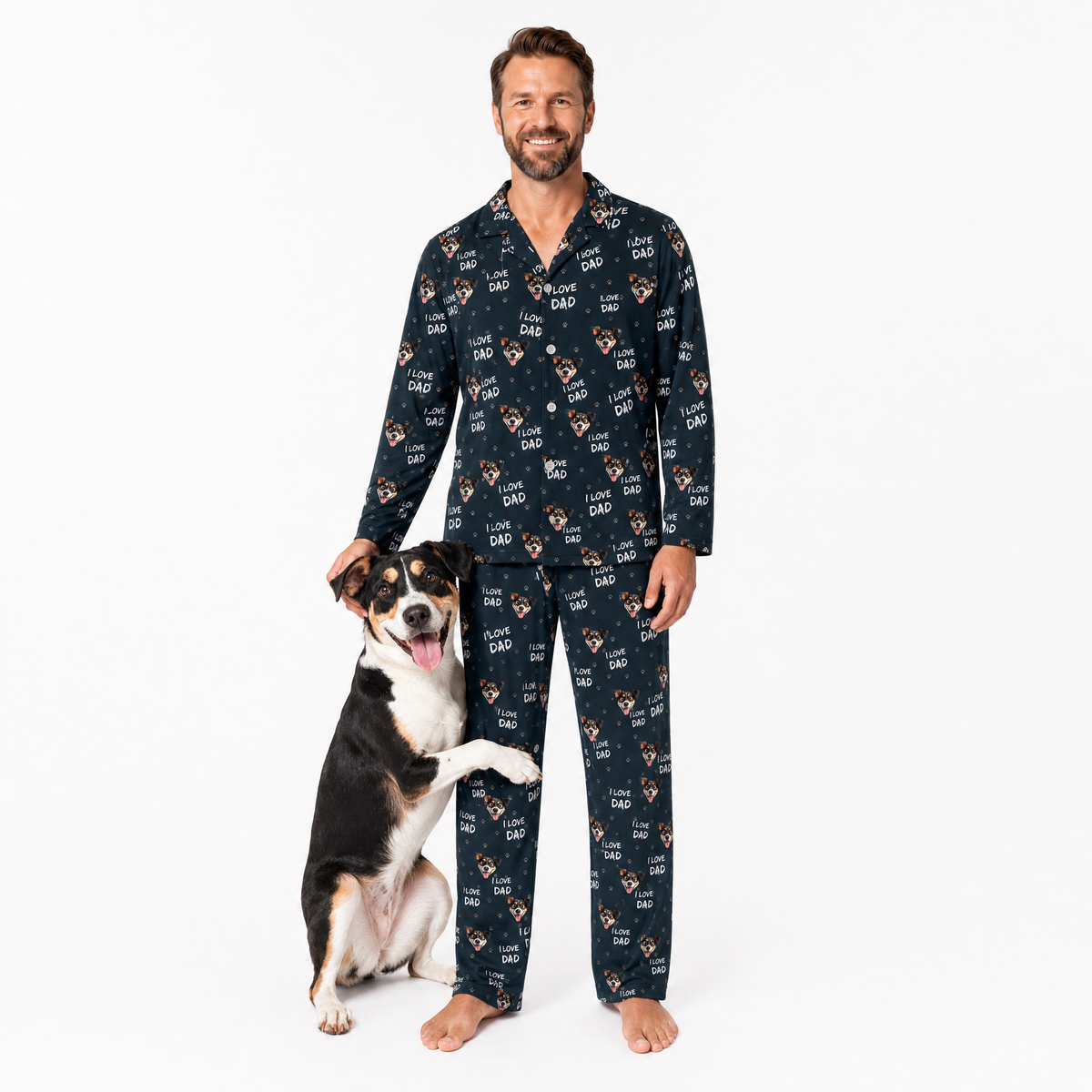 Man wearing a patterned pajama set with a dog on a white background