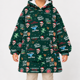 A person wearing a dark green hooded sweatshirt covered in a festive Christmas print featuring the Griswold family logo, Santa hats, musical instruments, and text like 'Dad, You Do It All' and 'The Nag'.