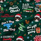 Close-up of the Iconic Christmas Vacation print showing custom pet faces in Santa hats with movie quotes on a green fabric