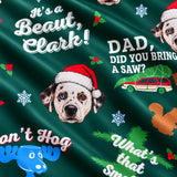 Close-up of the Iconic Christmas Vacation print showing custom pet faces in Santa hats with movie quotes on a green fabric