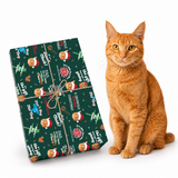 An orange tabby cat sits beside a wrapped gift box on a clean white background. The gift box is wrapped in dark green Christmas-themed paper with illustrations of jugs, stockings, trees, and phrases like 'A Christmas Carol' and 'Merry Christmas,' tied with a thin twine bow.