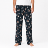 Person wearing black pajama pants with dog print and 'I love dad' text on a white background