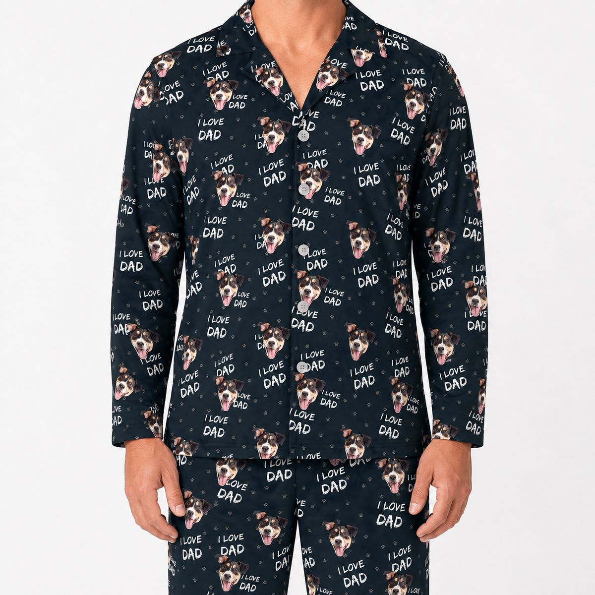 Black pajama set with 'I Love Dad' and dog pattern on a white background