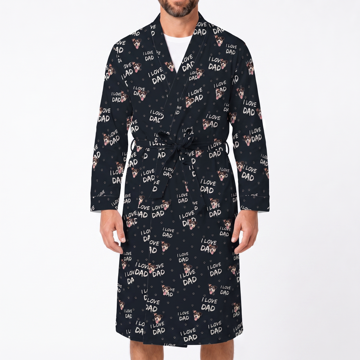 Man wearing a black custom robe with “I Love Dad” text, paw prints, and a repeating dog face pattern.