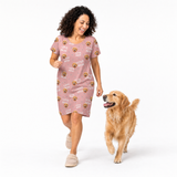 I love mom kids fleece blanket hoodie theme – person in dog‑print dress walking with golden retriever.