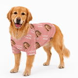 Golden retriever wearing a pink custom dog shirt with “I Love Mom” text, hearts, and a repeating face pattern.