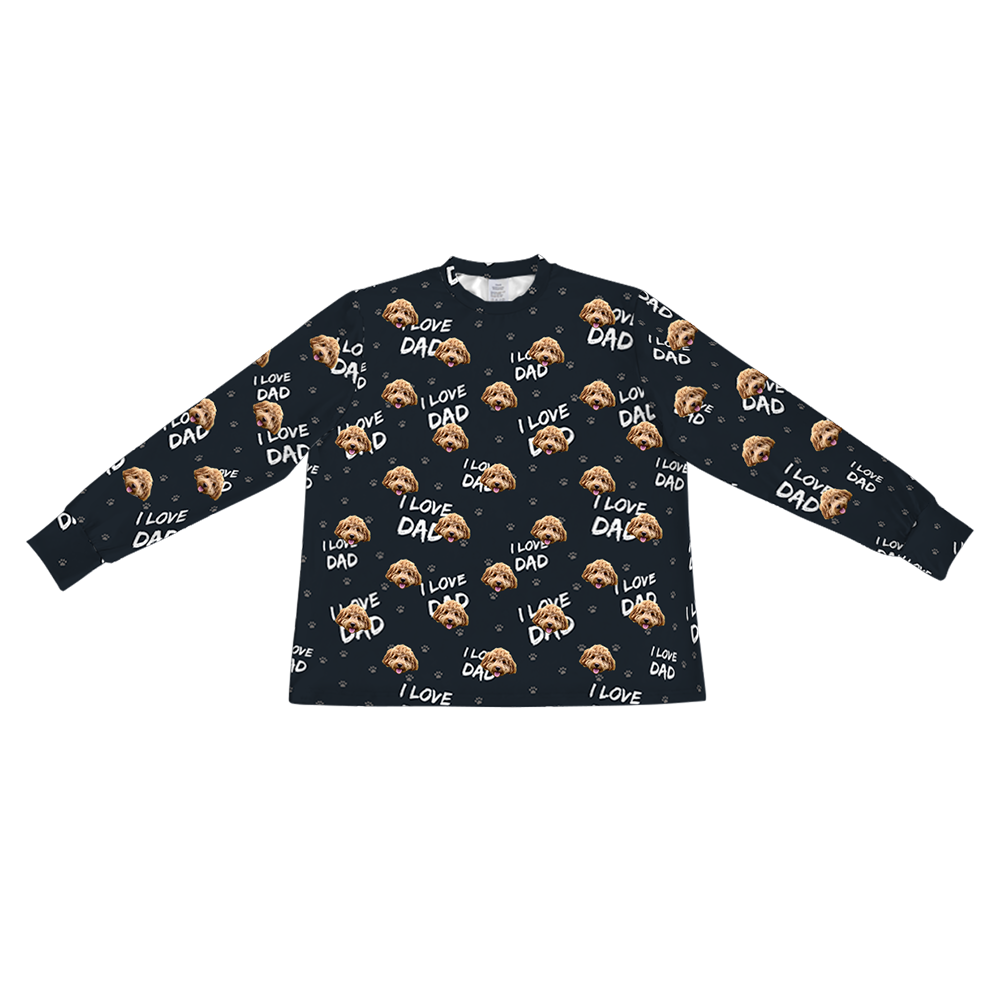 These are pajama long sleeve shirt in a black color with repeating pet faces on them[ILoveDadLongSleeveJoggerPajamaShirt]