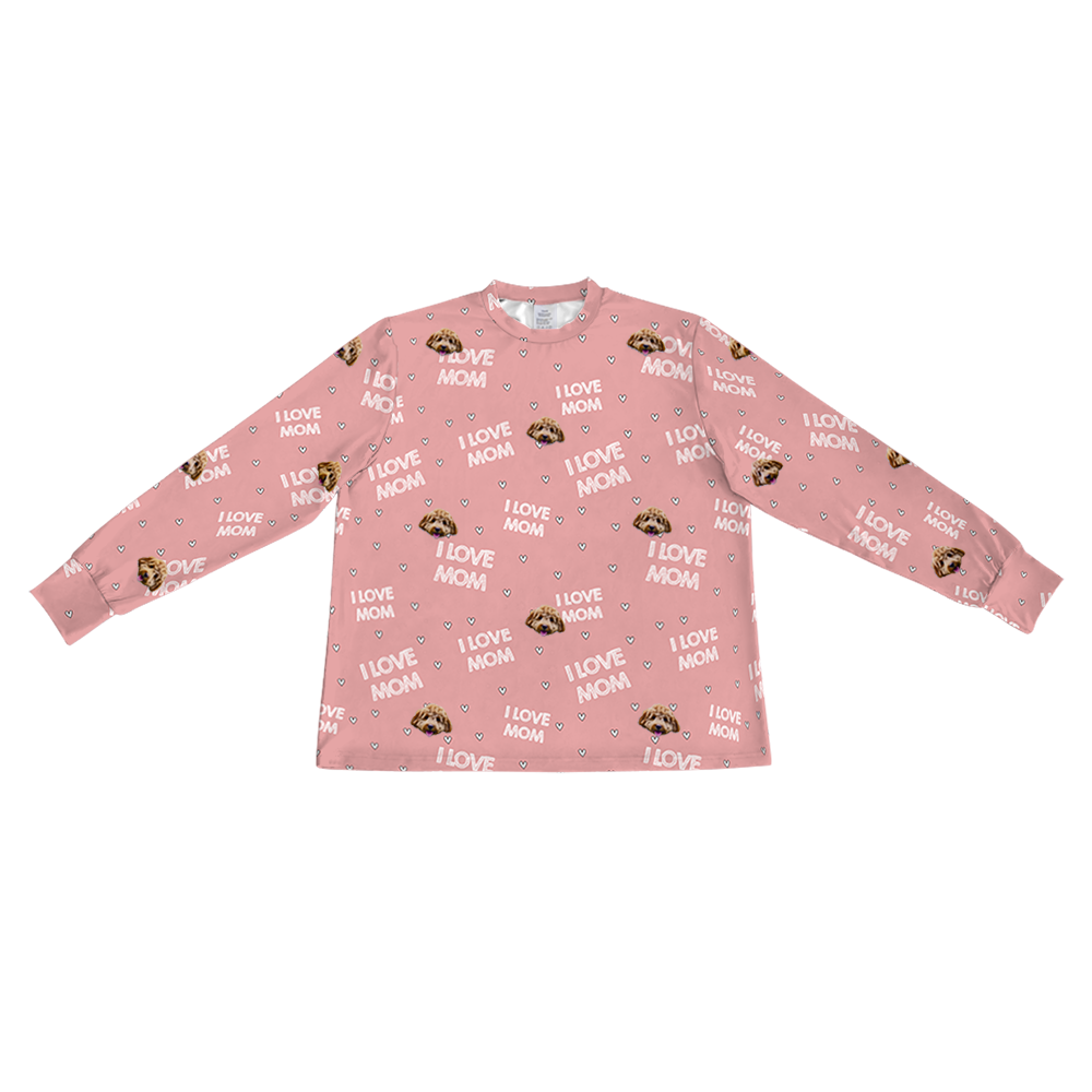These are pajama long sleeve shirt in a pink color with repeating pet faces on them[LongSleevePajamaShirt]